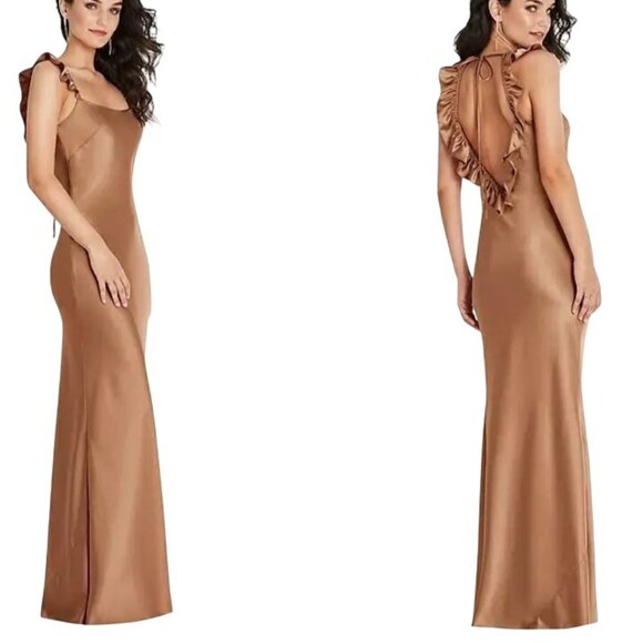NEW Social Bridesmaids Ruffle Trimmed Open-Back Maxi Slip Dress Toffee‎ Size LB - Picture 2 of 14